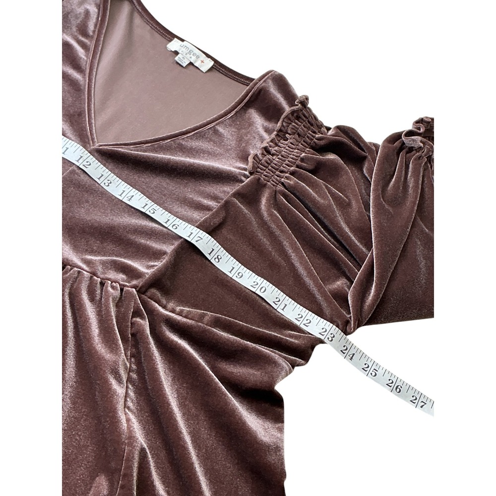 Umgee Brown Velvet Babydoll Mini Dress V-Neck Smocked Pockets XL WA0325 - Picture 13 of 14